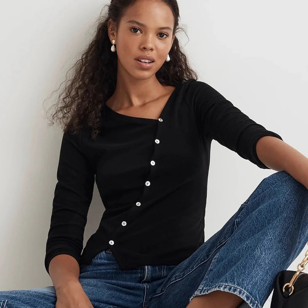 Madewell Asymmetrical Button-Front Black Cardigan Sweater Size XS